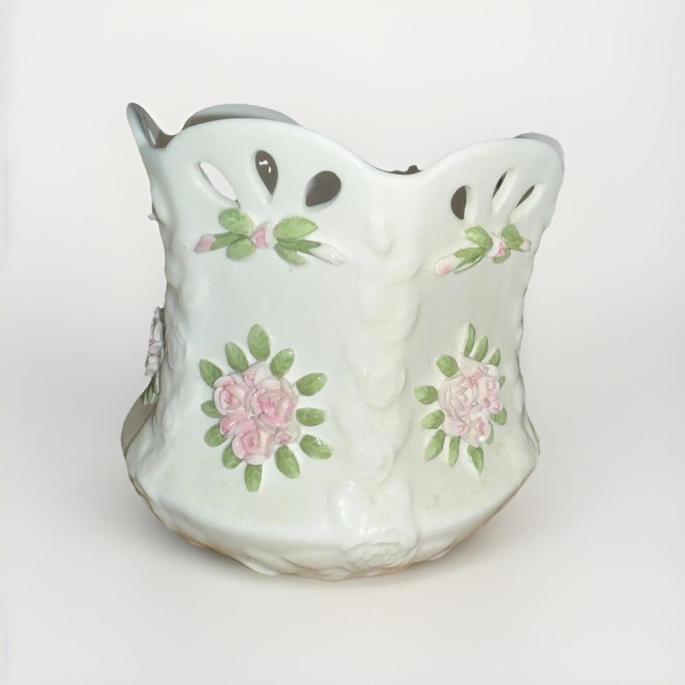 Fine Bone China Applied Pink Rose Reticulated Scalloped Bowl Made in Philippines - Picture 2 of 5